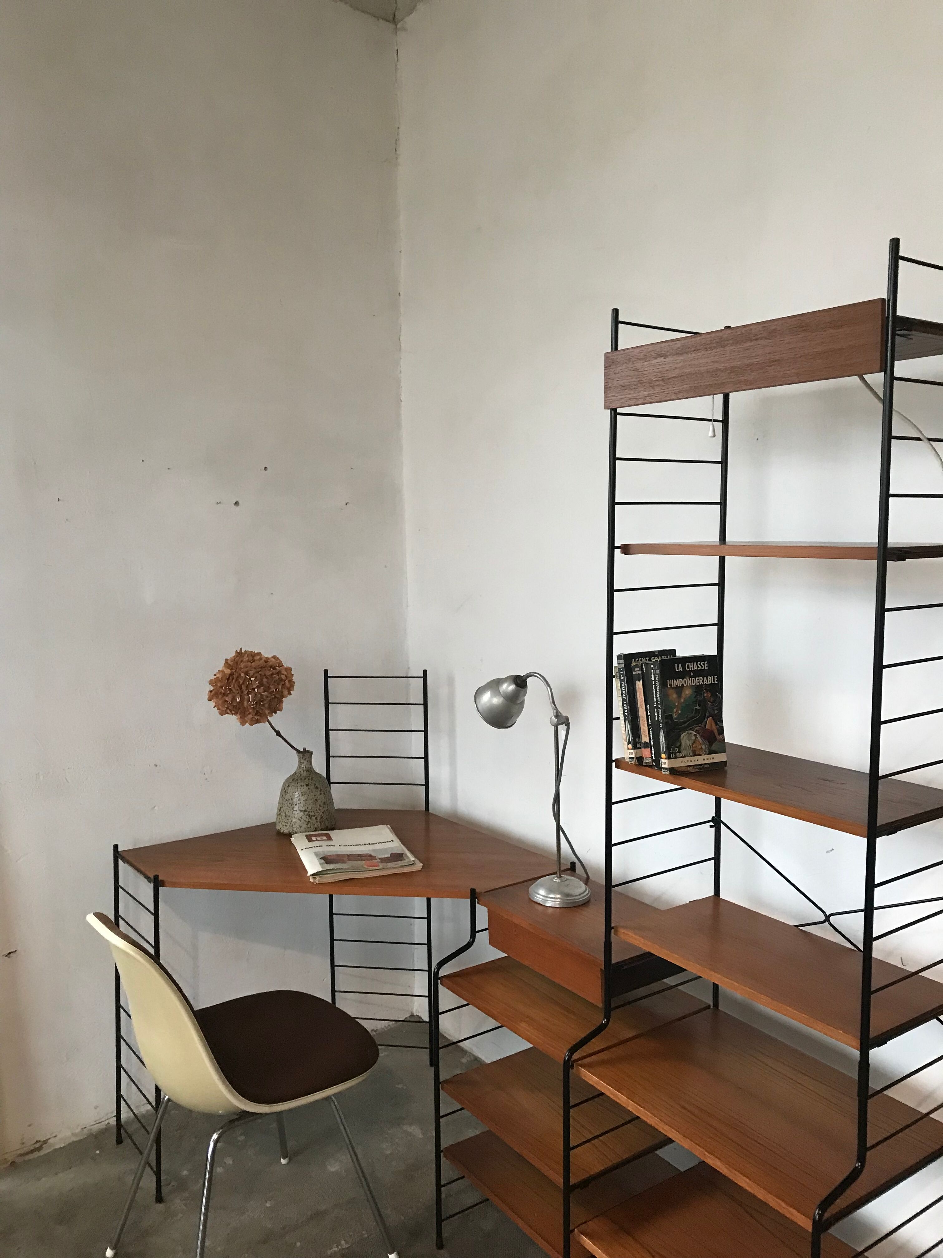 Modular vintage string wall shelf system with 1960-1980's desk