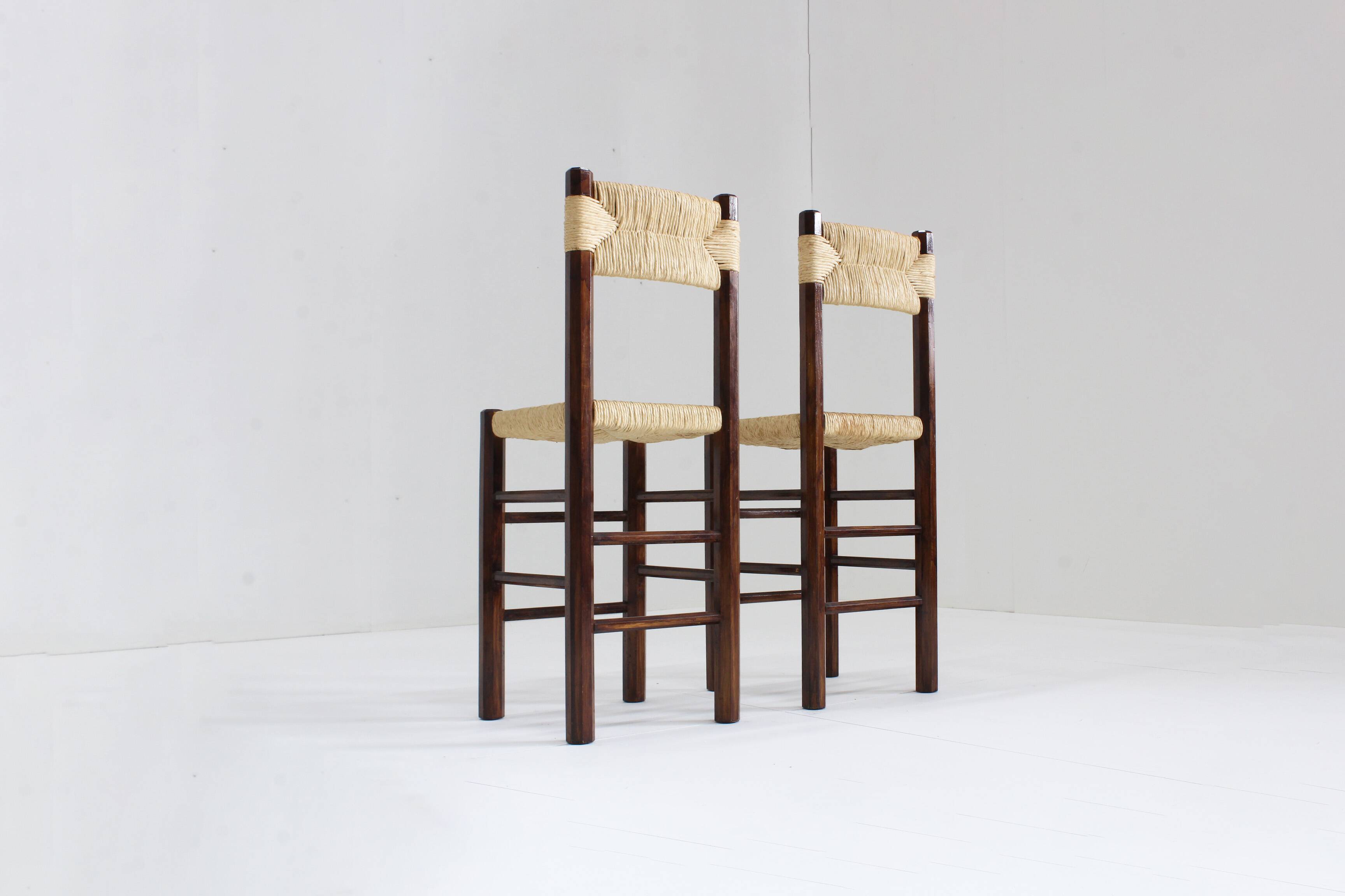 Vintage woven rush and wood bar stools , set of 2
