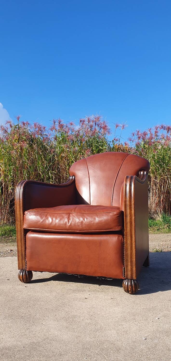 Vintage leatherette brown Art deco style chair 1950s
