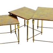 Vintage nesting table set france marbled glass copper plated metal fifties