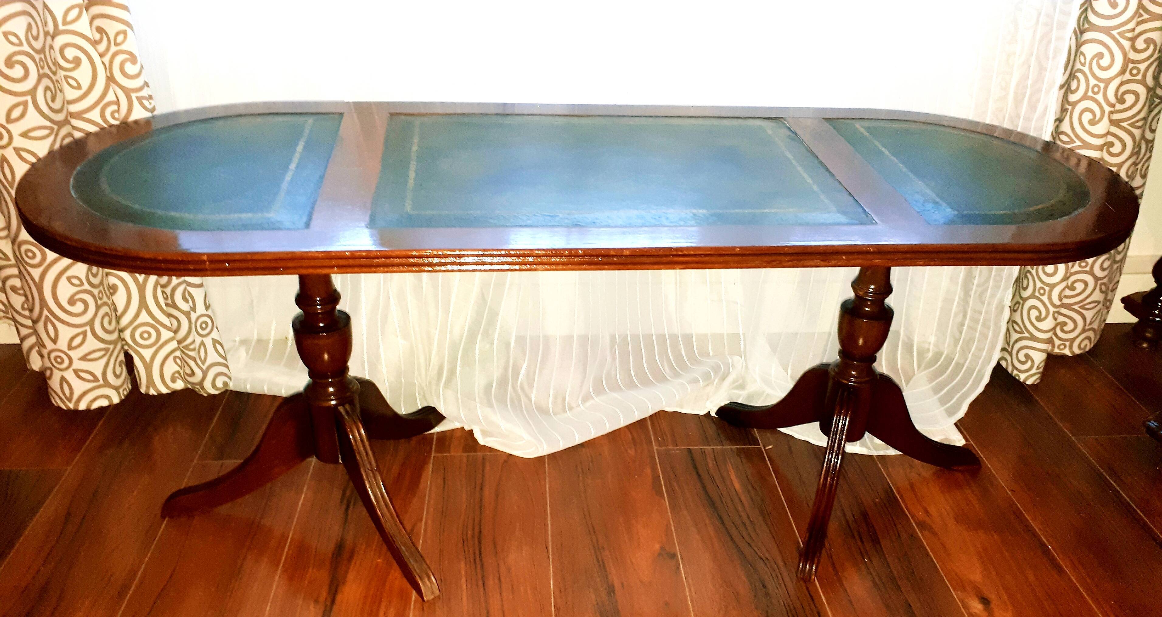 English coffee table, green leather