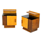 Restored Art Deco Nightstands with Black Glass Tops, 1950s, Set of 2