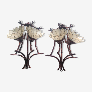 Pair of vintage appliques in metal and mother-of-Pearl