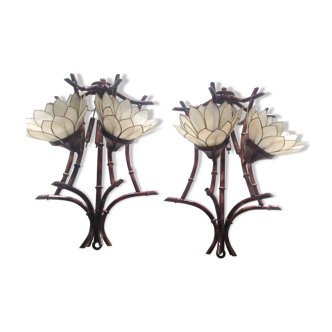 Pair of vintage appliques in metal and mother-of-Pearl