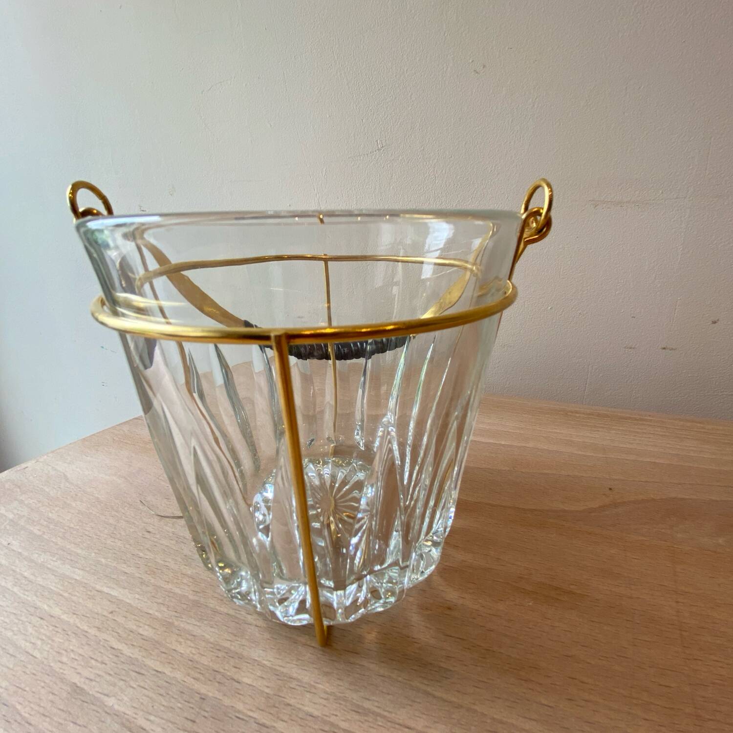 Vintage glass and gold metal ice bucket