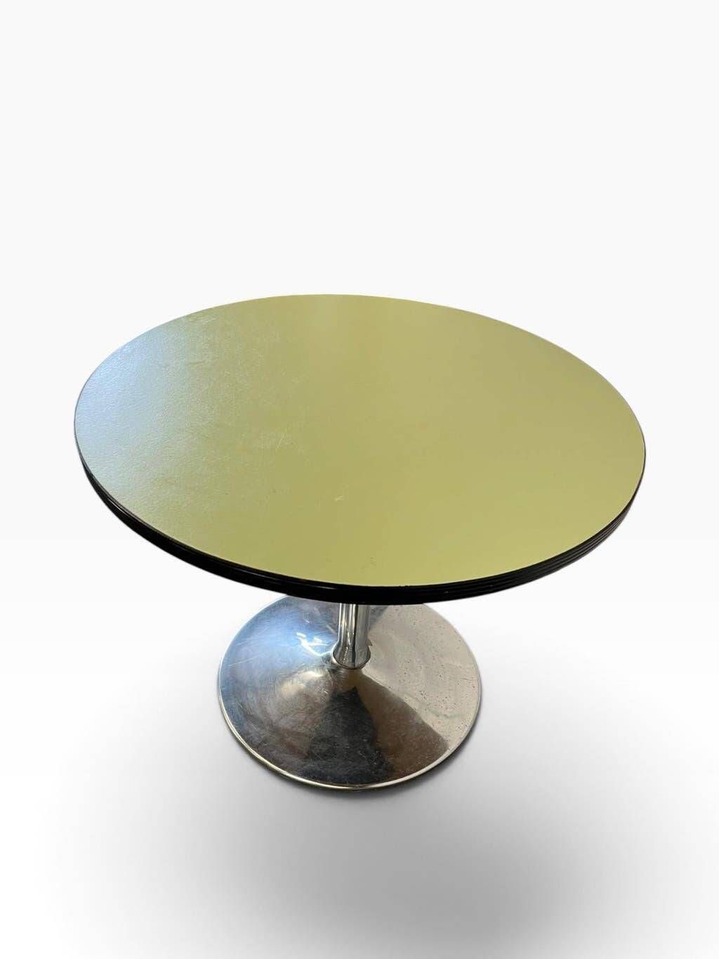 Table basse/table d'appoint ronde vintage vert menthe avec piètement chromé
