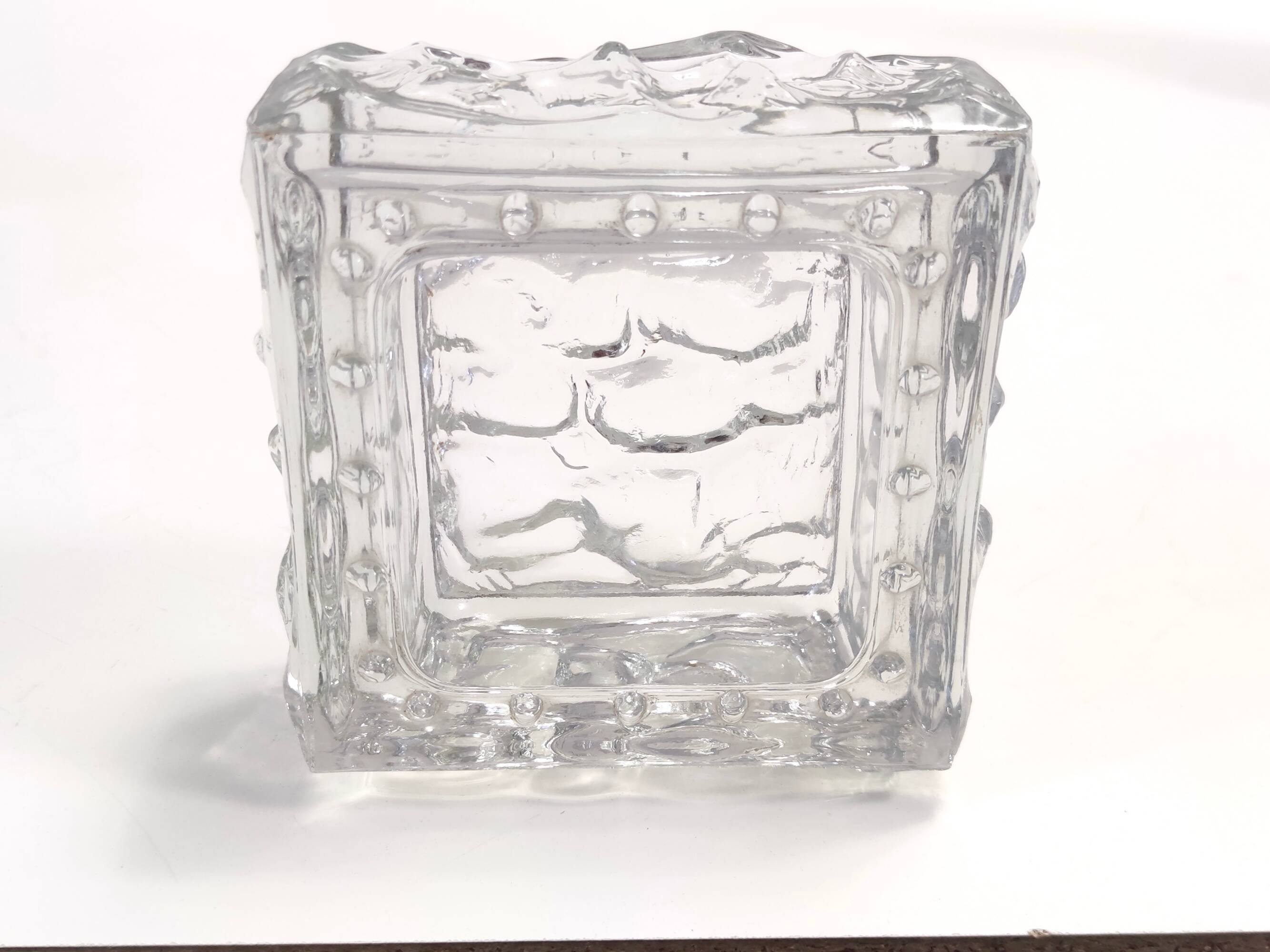 Vintage Square Transparent Molded Thick Glass Ashtray - Trinket Bowl, Italy
