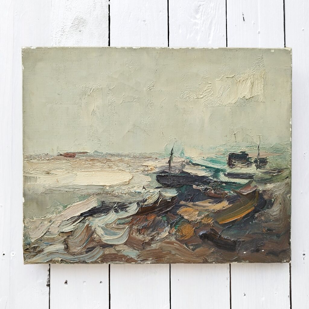 Oil on canvas boats in storm