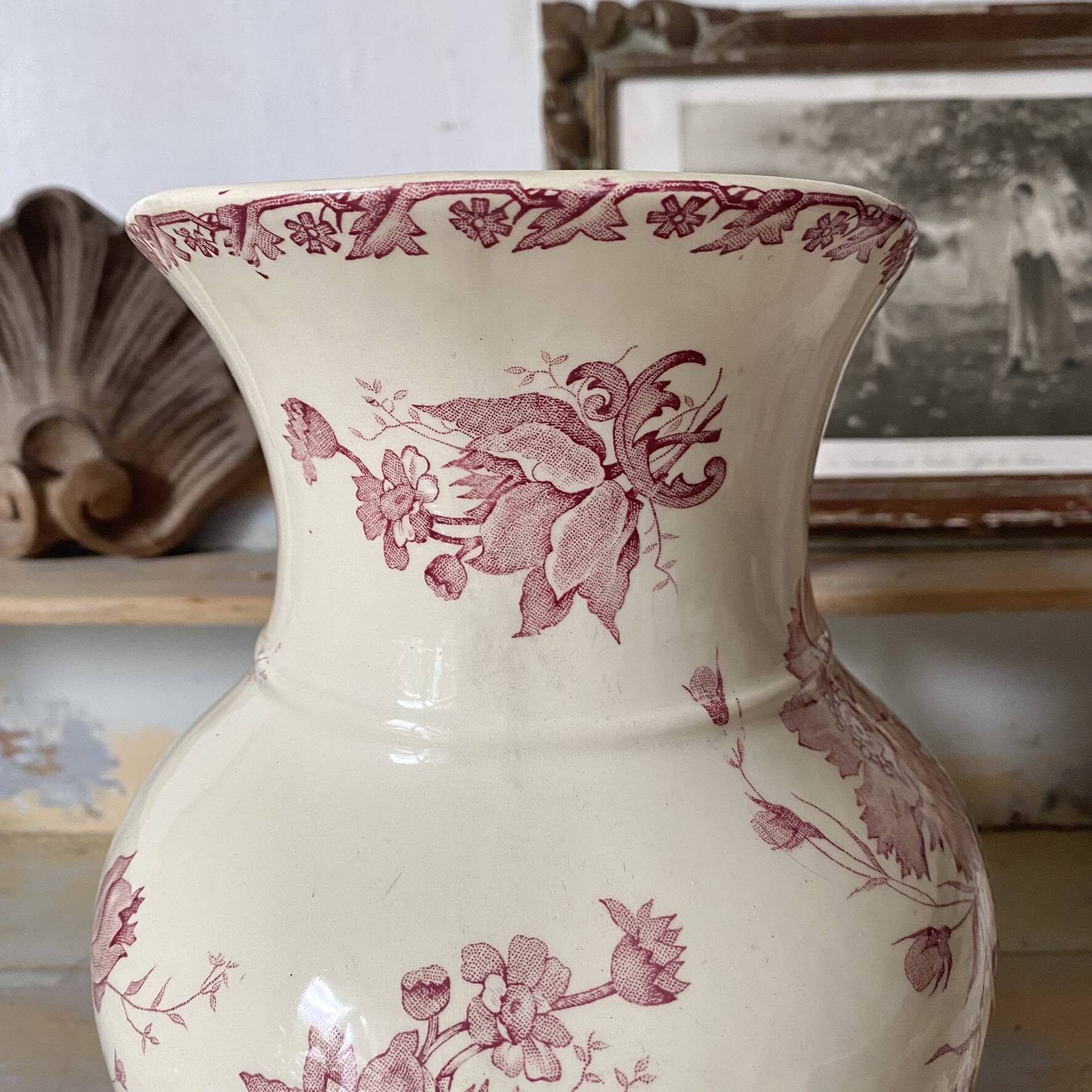 Large ironstone jug St Amand Anemone, antique pitcher