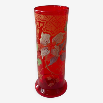 Legras Roll Vase in Blown Red Glass, Enameled Pattern, Poppy Decor