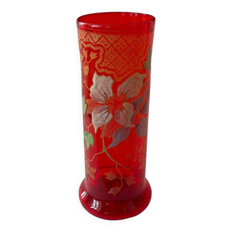 Vase Rouleau Legras en Verre Rouge Soufflé, Motif Émaillé, Décor Pavot