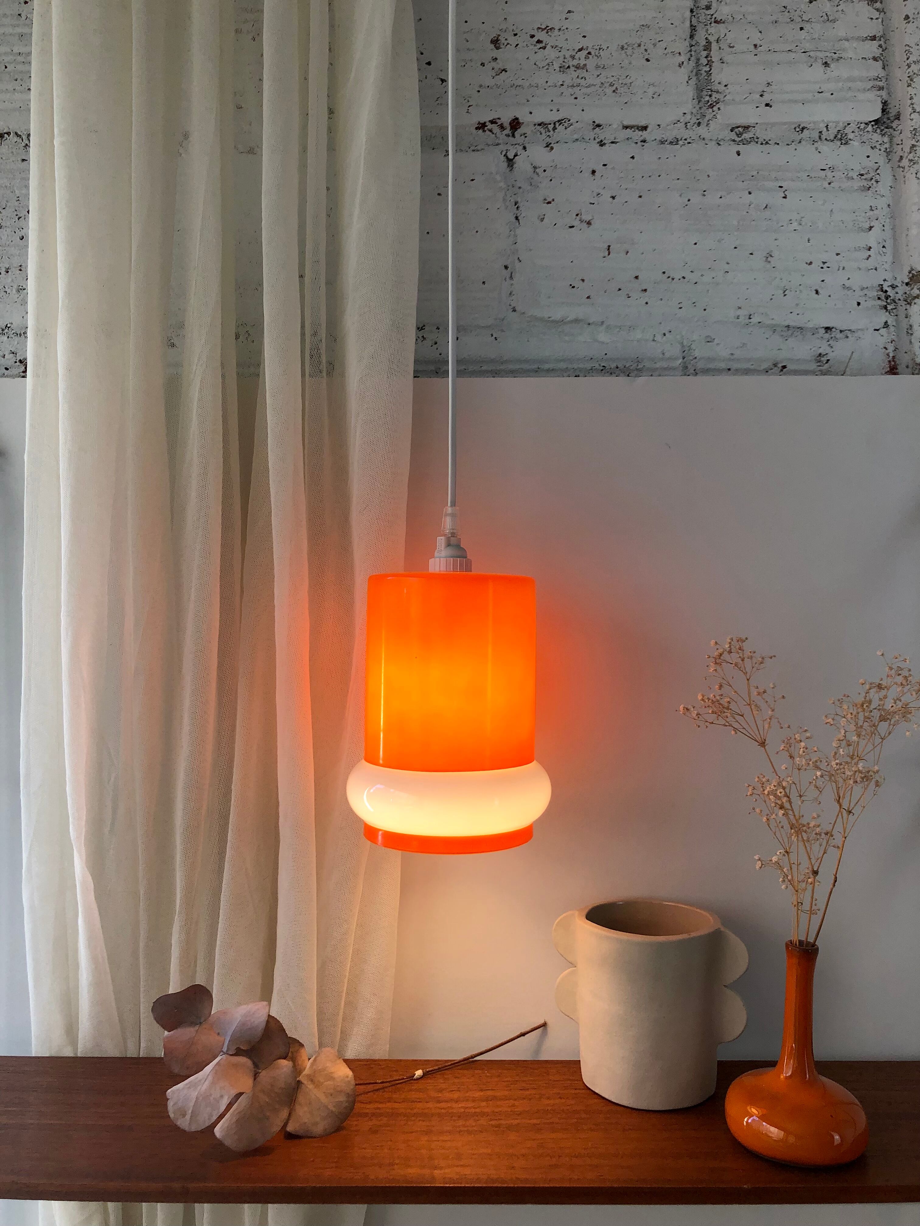 Orange & white opaline glass pendant lamp
