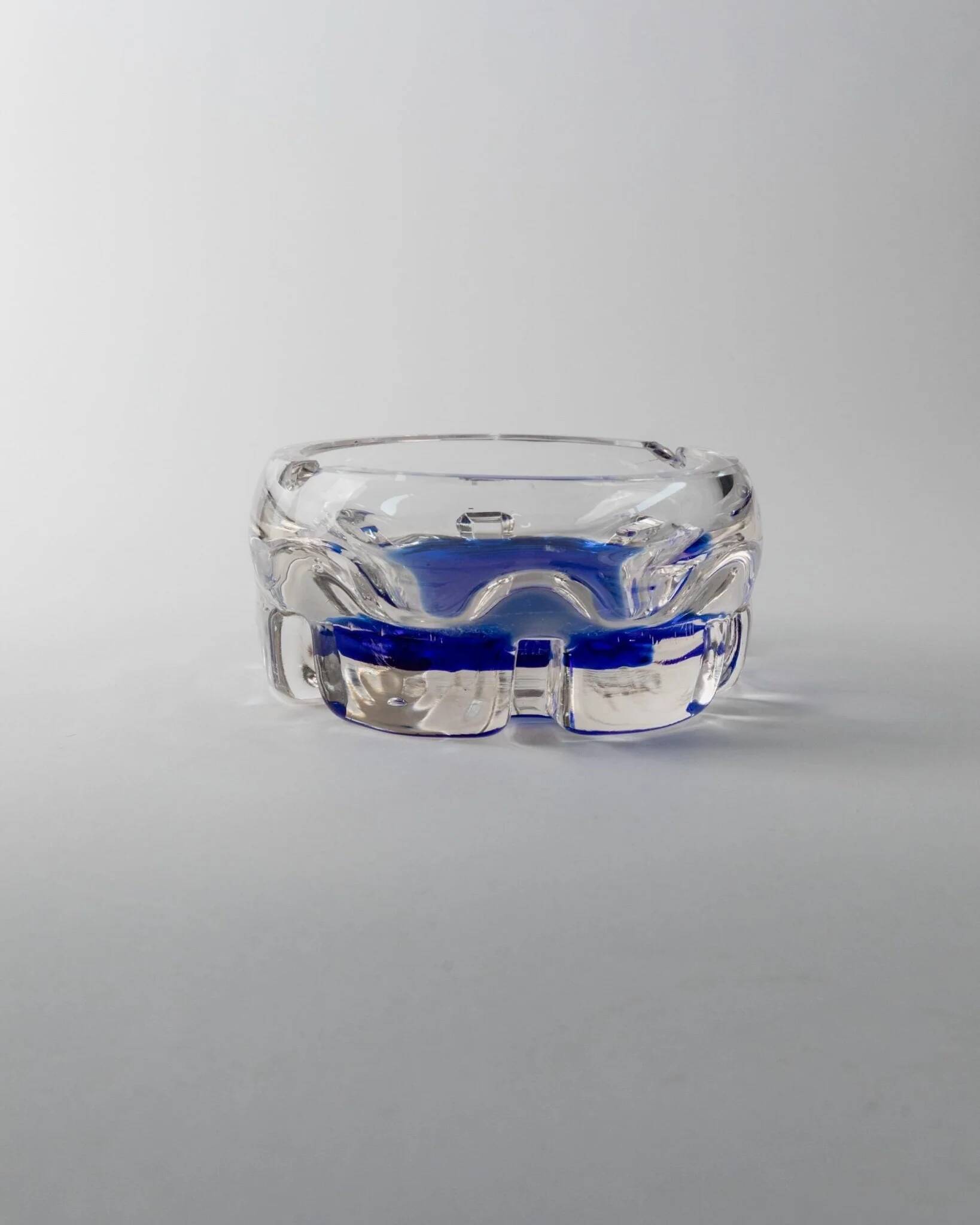 Vintage Murano Glass Ashtray: clear glass with cobalt-blue bubble, mid-century Italian design