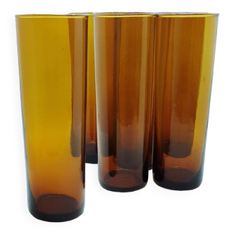 6 tall hand-blown amber glasses