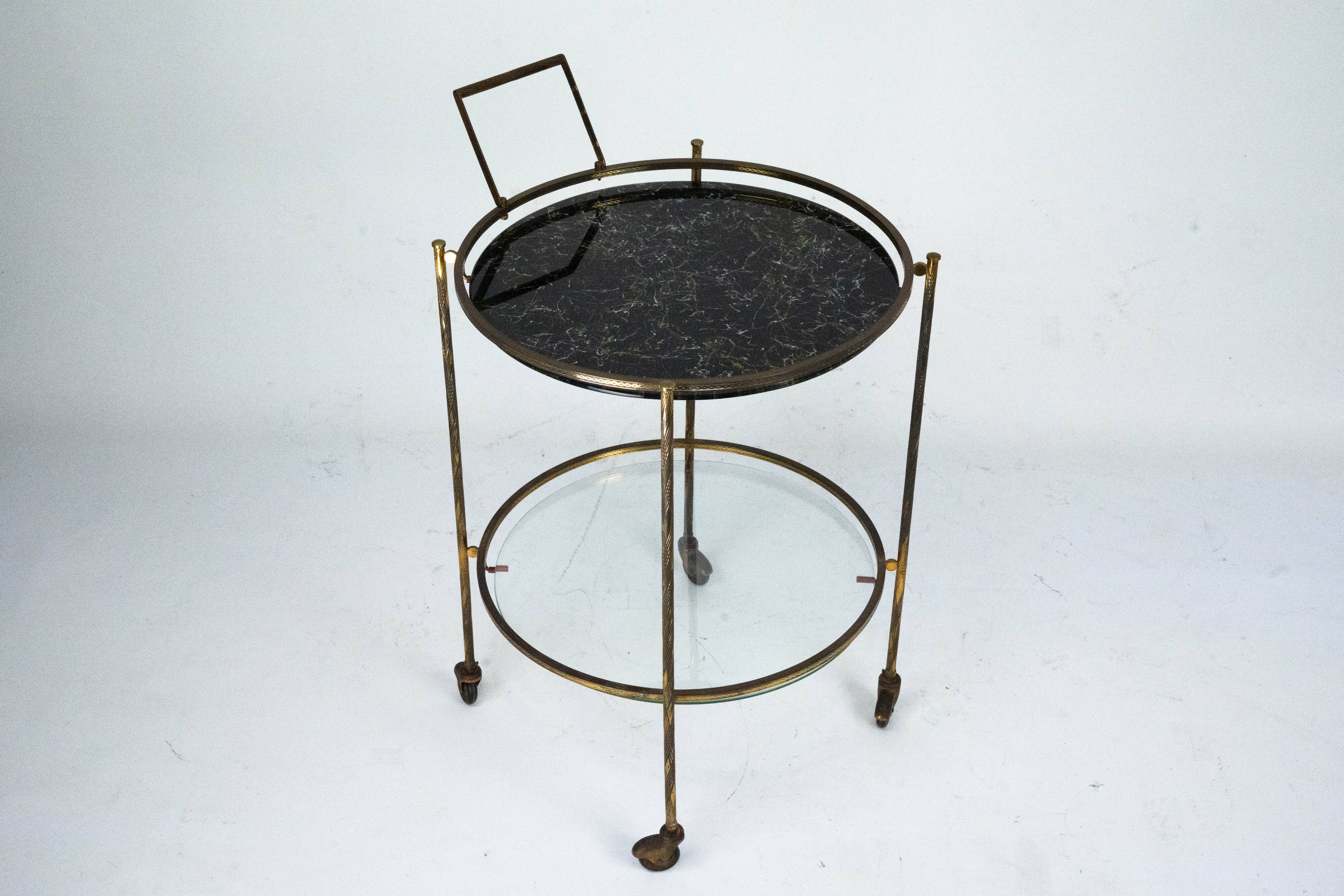 Round Mid-Century Brass and Marble-Effect Glass Bar Cart. Italy 1950s