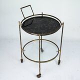 Round Mid-Century Brass and Marble-Effect Glass Bar Cart. Italy 1950s
