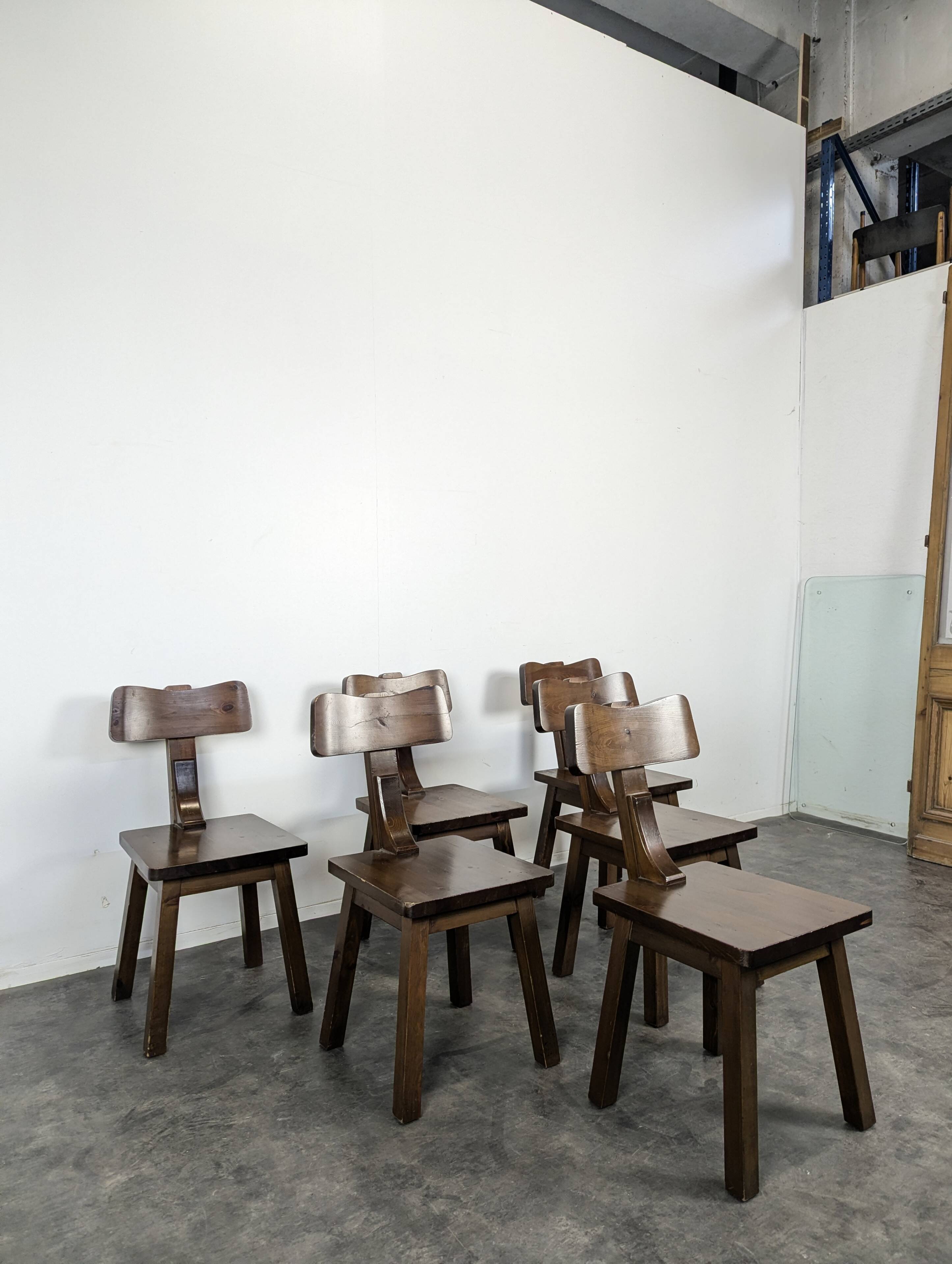 6 brutalist chairs in solid elm