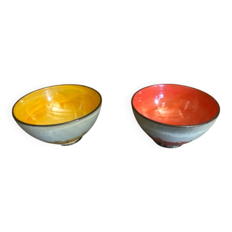 Pair of Antique Bowls Pottery Arlequin Rustrel Chiseled Ceramic + Enamel