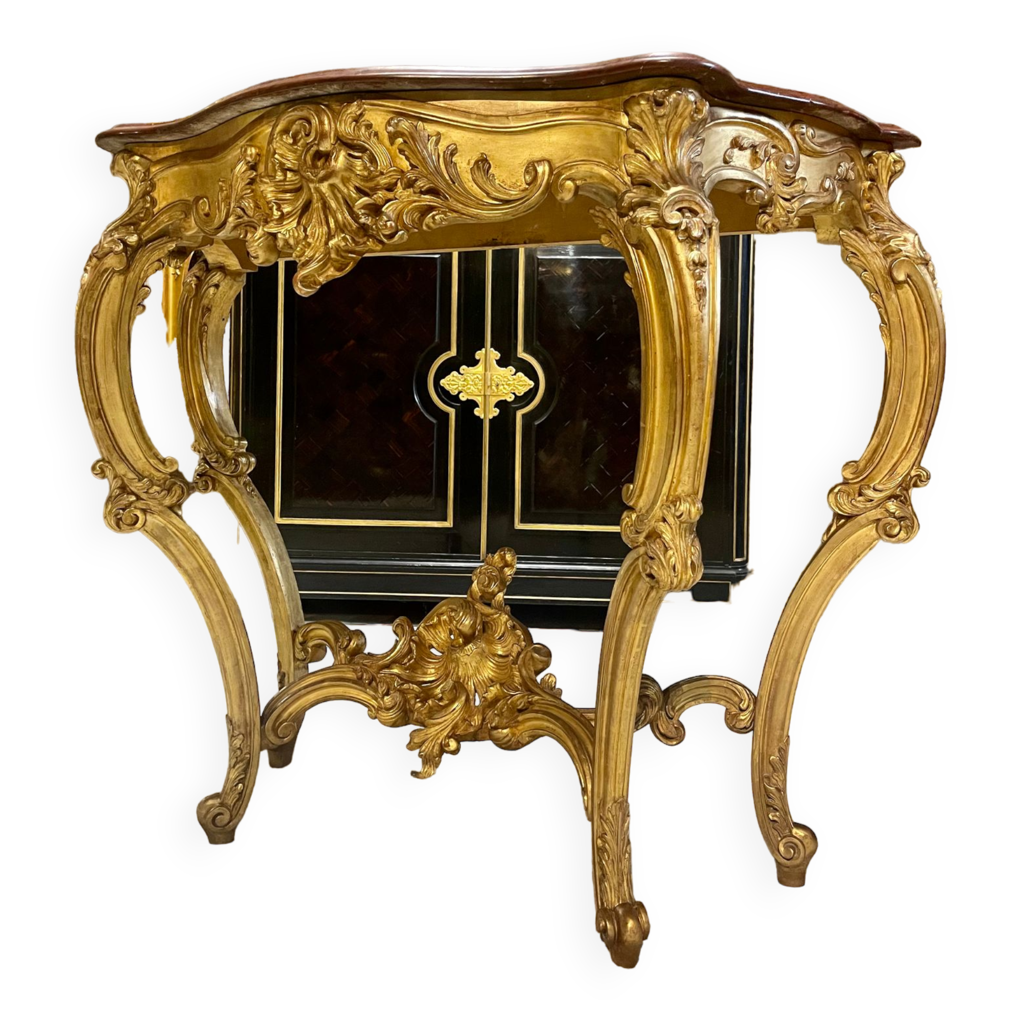 Console 4 legs Louis XV style Gilded wood period Napoleon III Griotte marble top