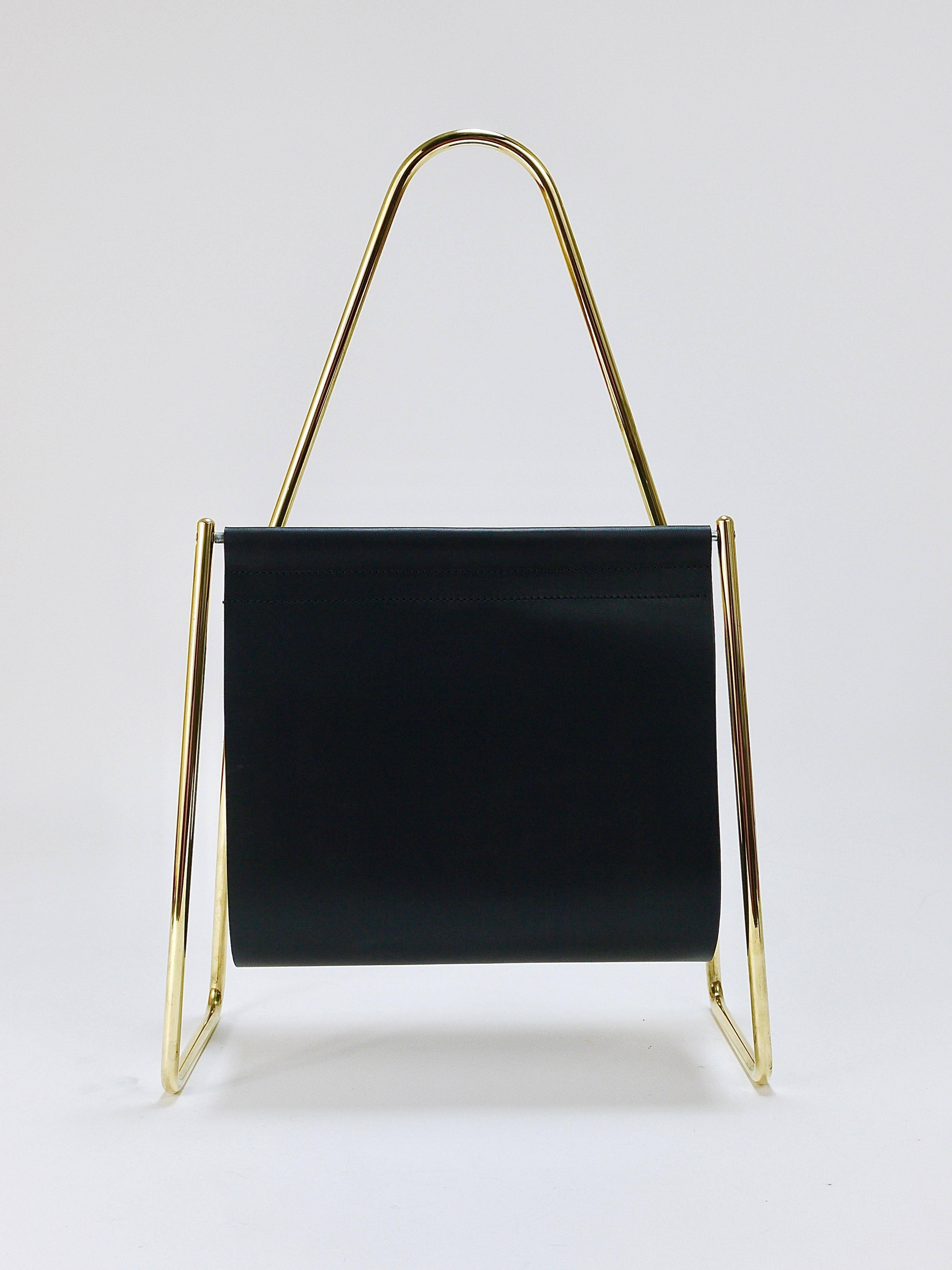 Carl Auböck II Midcentury magazine rack, brass and black leather, vintage, Austria