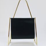 Carl Auböck II Midcentury magazine rack, brass and black leather, vintage, Austria