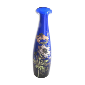 vase Legras Art Nouveau, verre bleu cobalt émaillé d'anémones et graminées