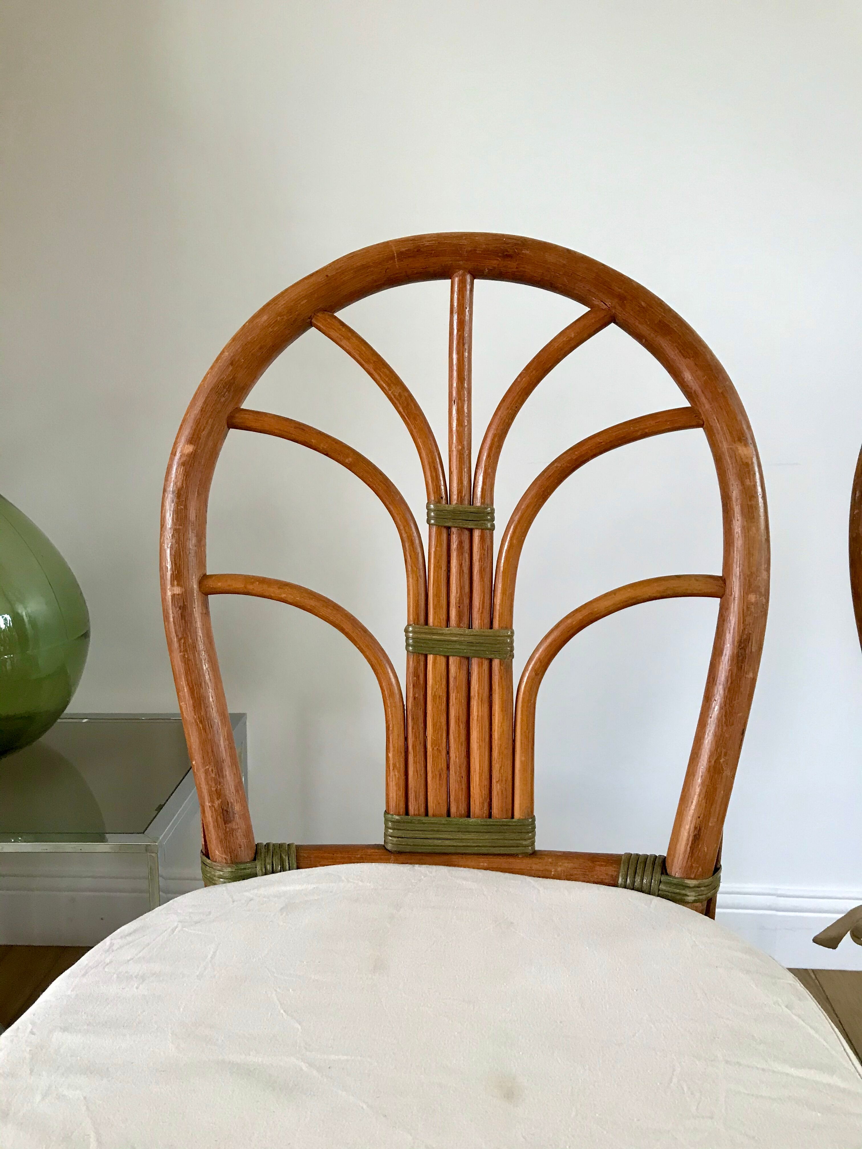 Set of 3 rattan / bamboo chairs with cushions years 1960-1970