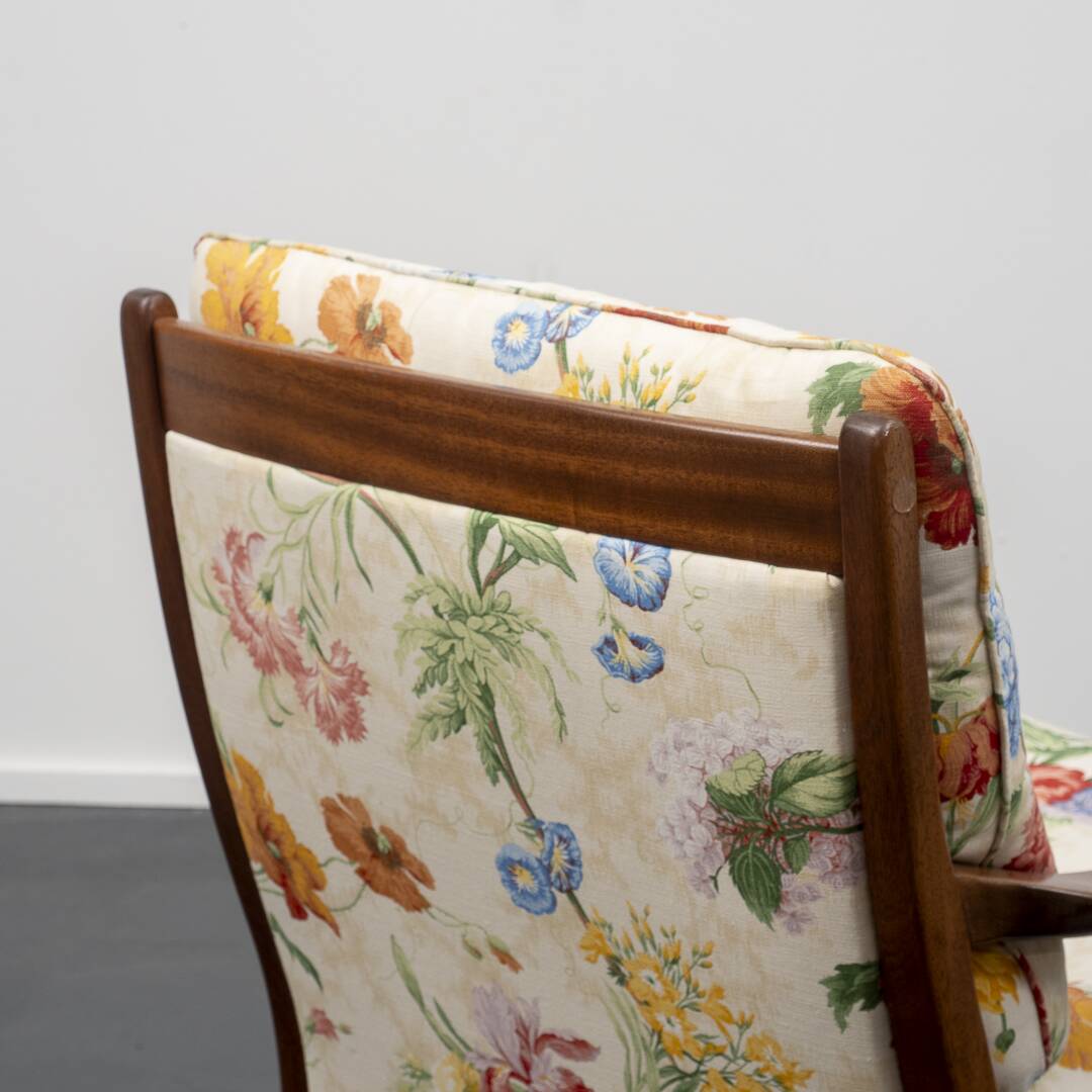 Restored 1960s armchair, floral pattern, two available.