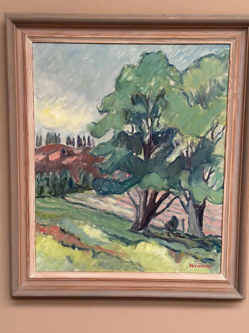 Original Swedish Oil on Canvas – "Landscape Composition" by Kramer – Signed – Vintage and Framed – 72 × 62 cm (28.3" × 24.4")