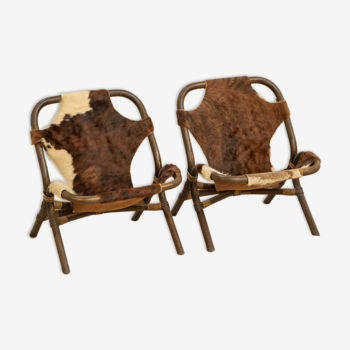 Pair of bamboo and leather armchairs by Rohe Noordwolde 60's