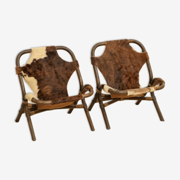 Paire de fauteuils bambou et cuir par Rohe Noordwolde 60's