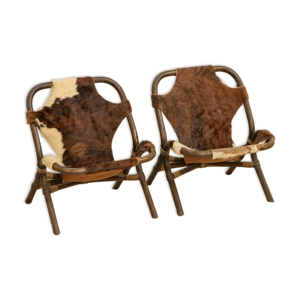 Paire de fauteuils bambou et cuir