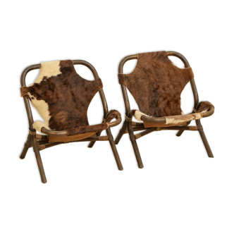 Pair of bamboo and leather armchairs by Rohe Noordwolde 60's