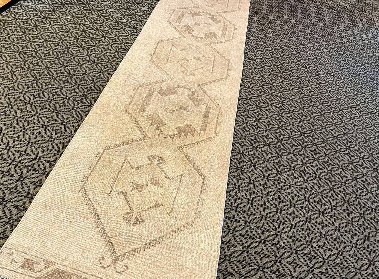 Vintage Handmade Soft Beige and Brown Long Hallway Runner