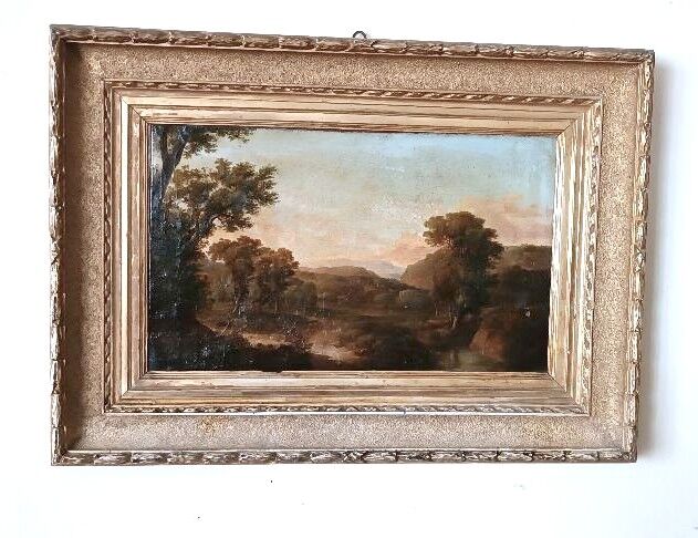 Antique painting on canvas depicting a bucolic landscape