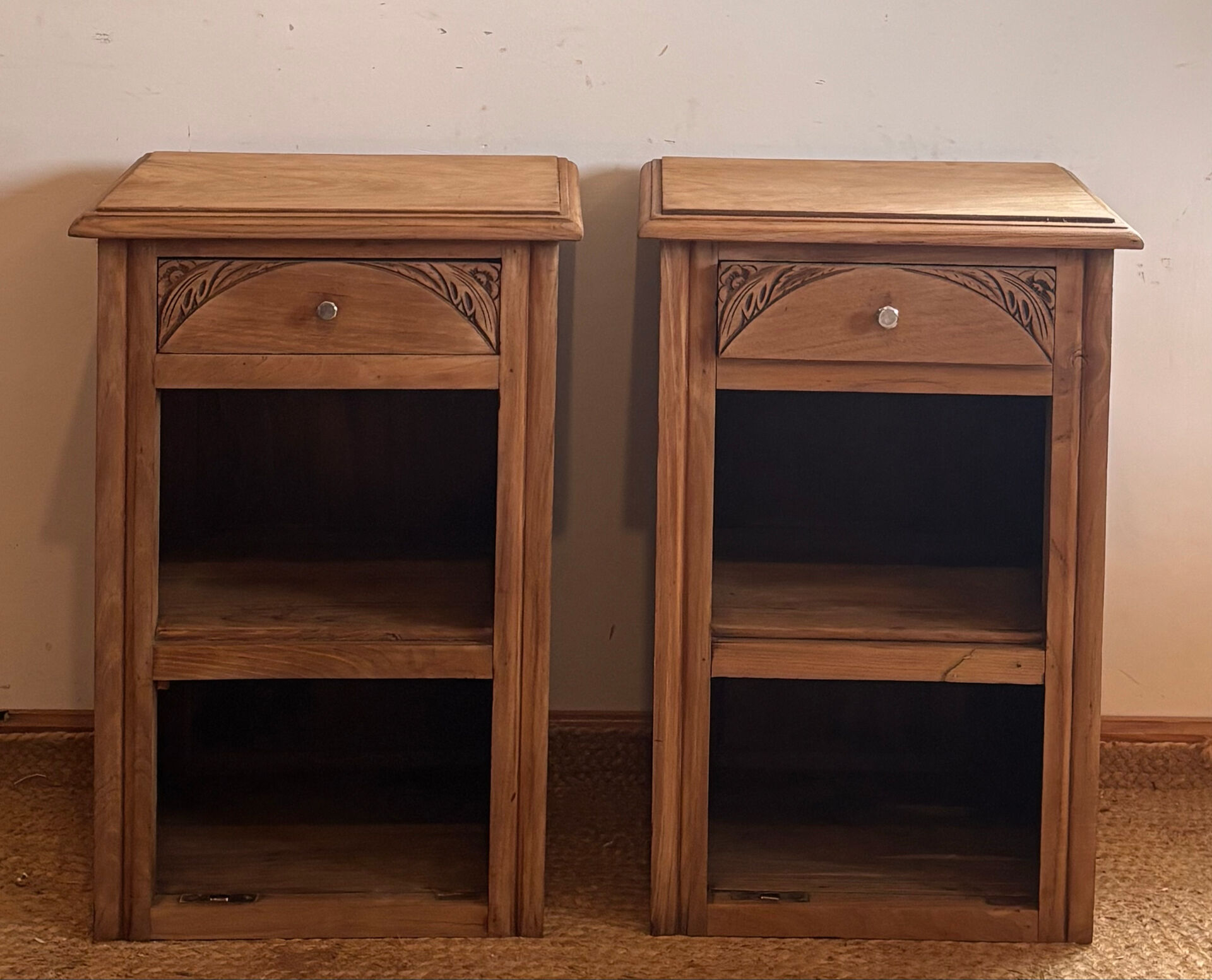 Pair of antique bedside tables / nightstands in raw solid oak.