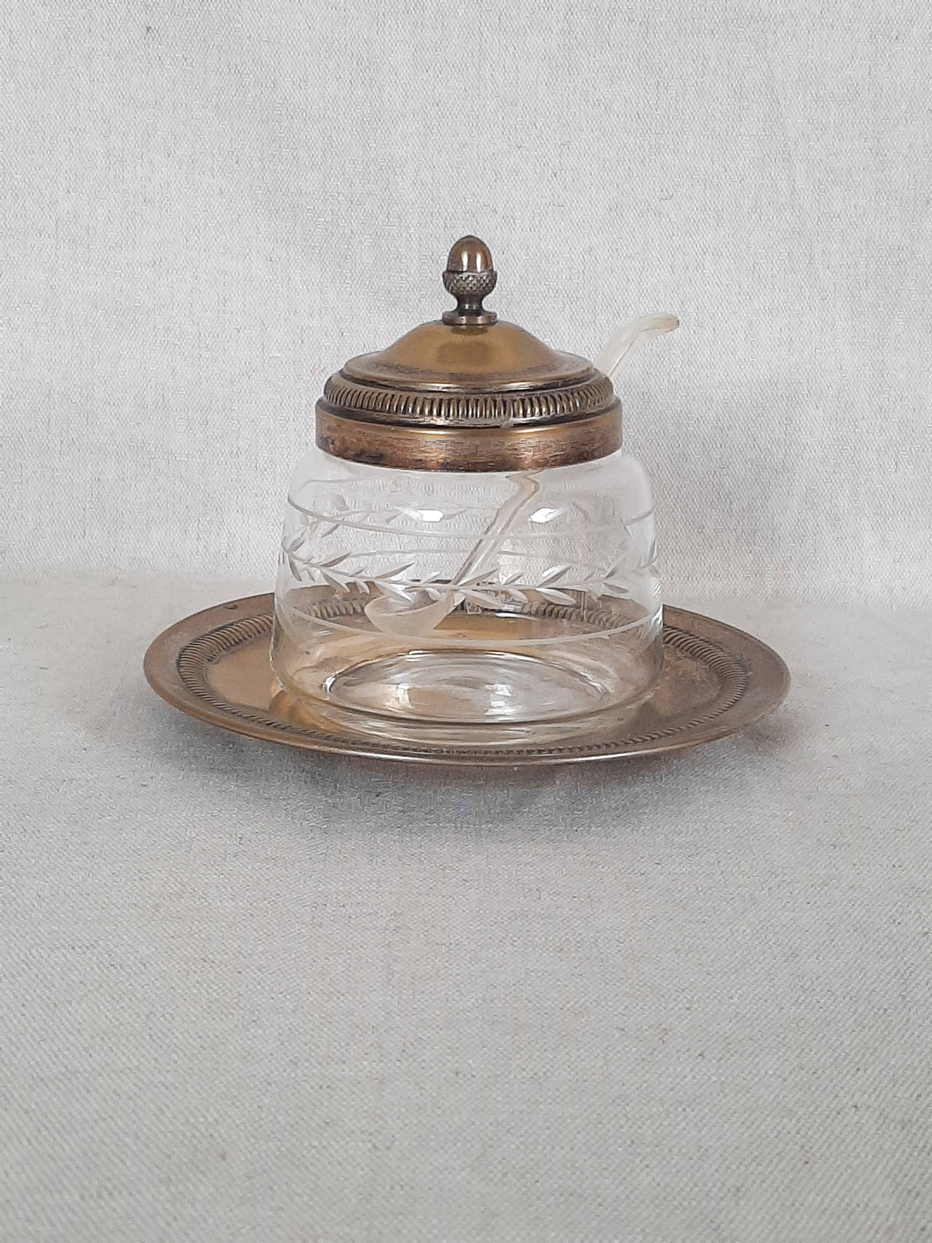 Engraved glass sugar bowl and silver-plated metal