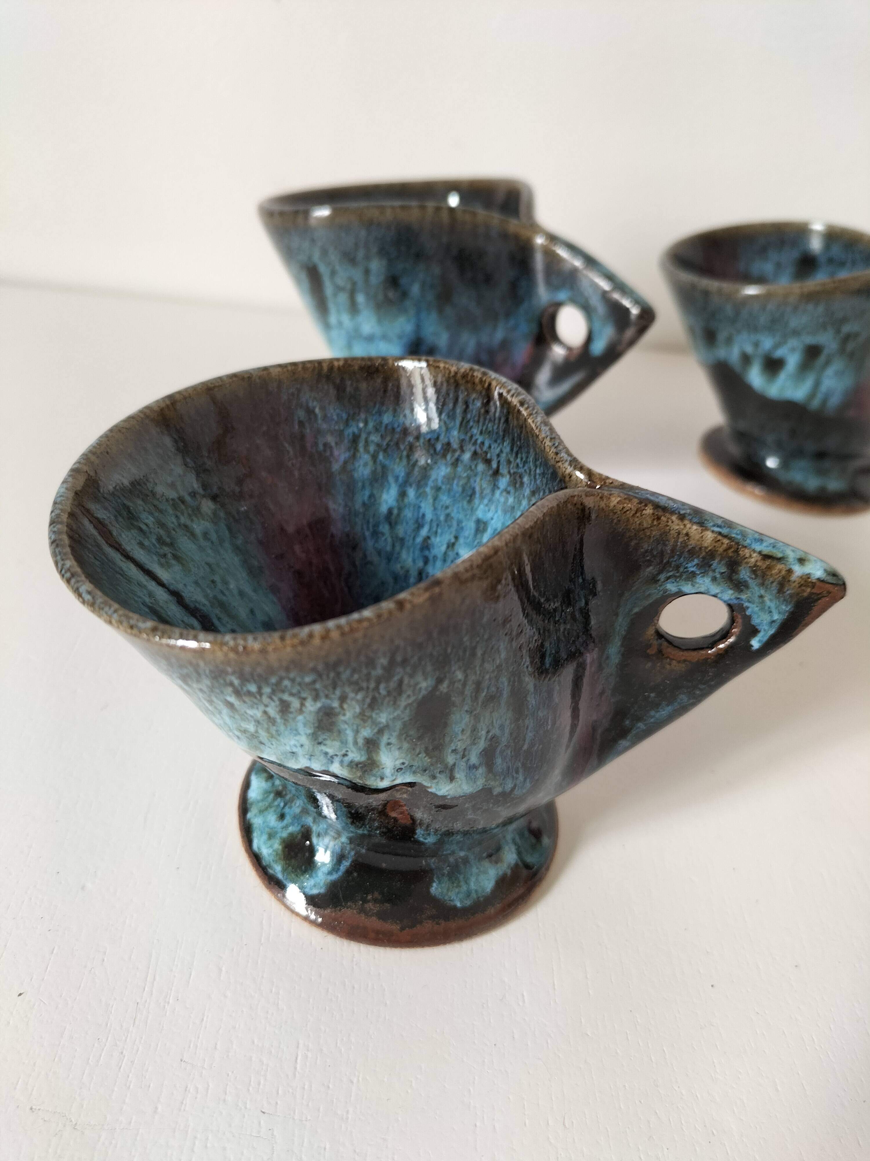 4 sculptural stoneware cups by Philippe Monroig