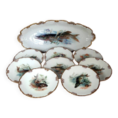 Antique fish service J. Pouyat porcelain Limoges plate 61 cm, 8 plates