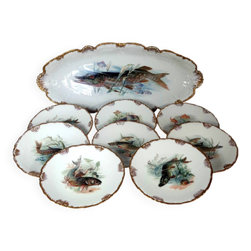 Ancien service poisson J. Pouyat porcelaine Limoges plat 61 cm, 8 assiettes