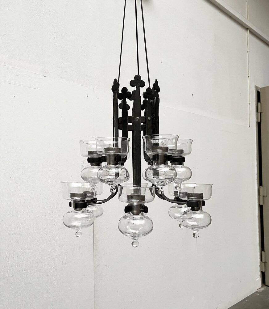 Lustre suédois mi-siècle en fer forgé et verre par Bertil Vallien et Axel Strömberg pour Kosta Boda et Bolin Smide, années 1960