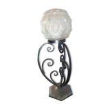Art Deco period lamp wrought iron and pressed molded glass globe