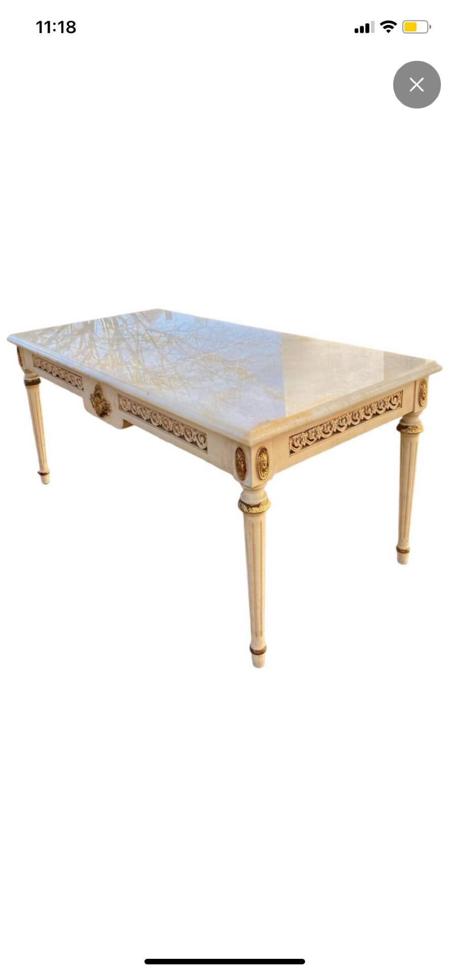 Louis XVI style coffee table in patinated and gilded wood, marble top.