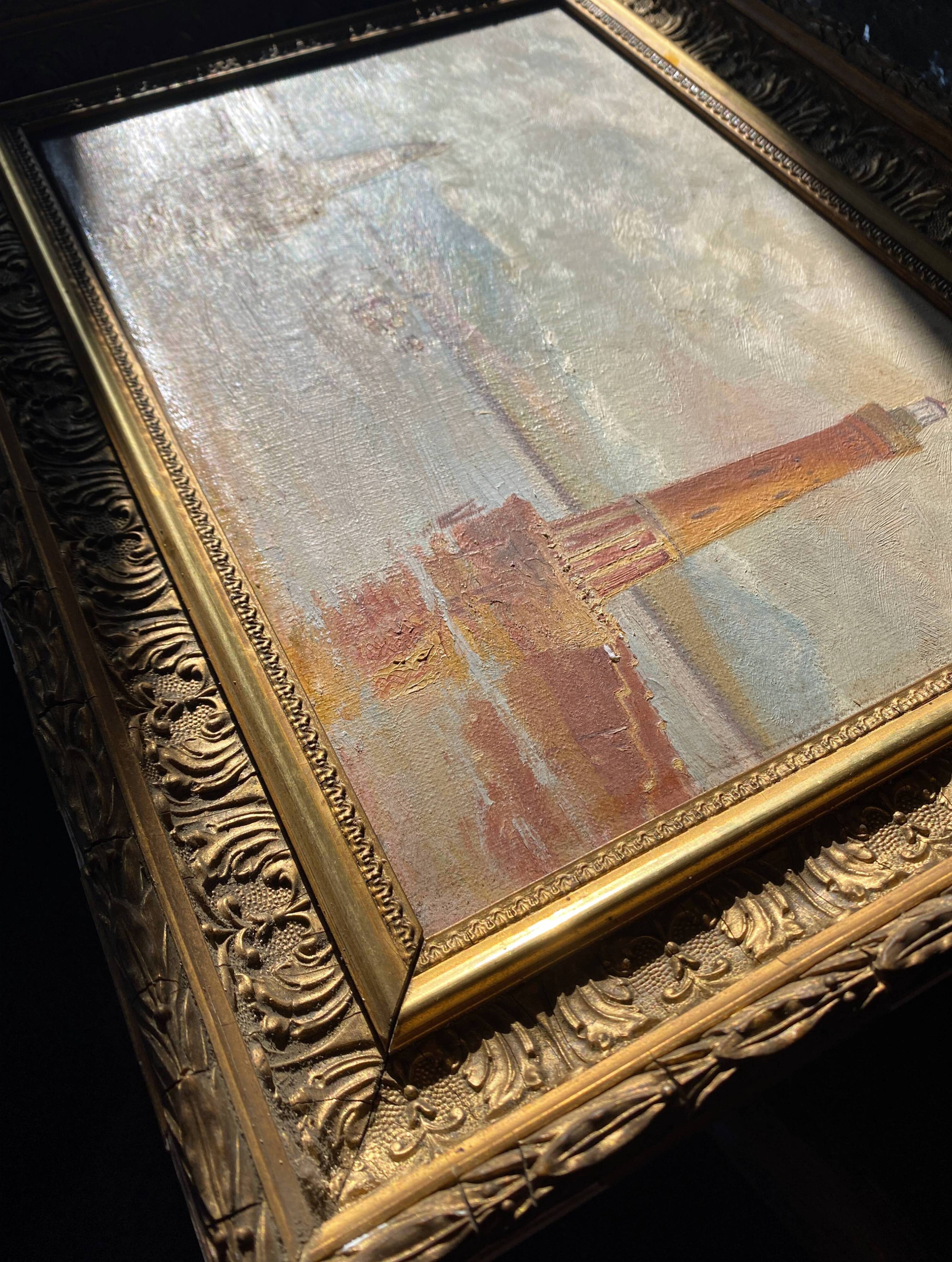 HST XIX° painting "Marine with lighthouse and boats" Italian Orientalist style + frame