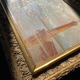 HST XIX° painting "Marine with lighthouse and boats" Italian Orientalist style + frame