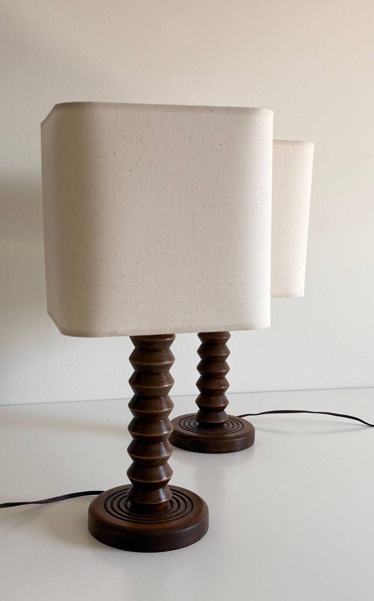 Pair of French Art Deco Wooden Table Lamps Attributed to Charles Dudouyt