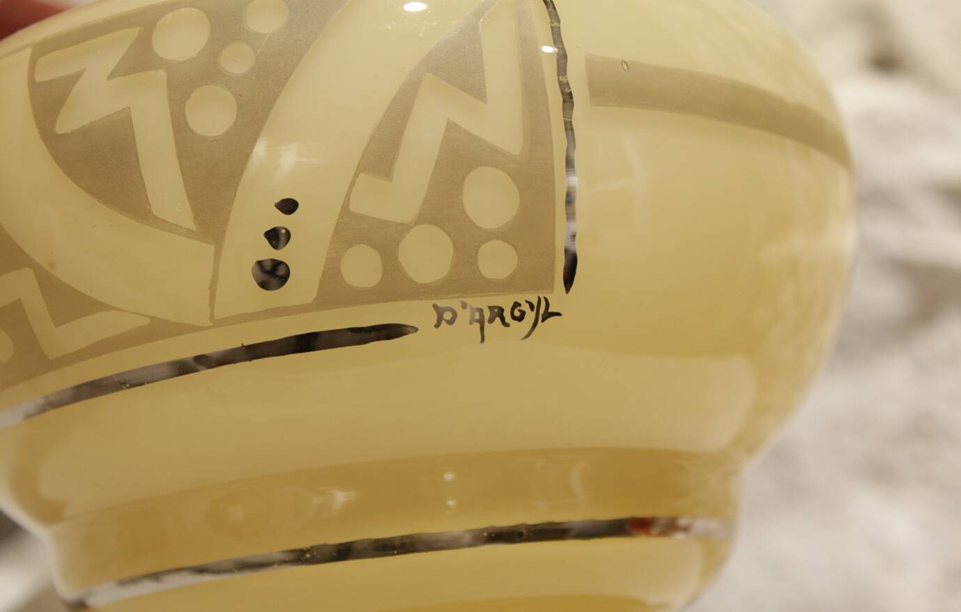 Yellow glass vase with Art Deco decoration signed D'Argyl circa 1930