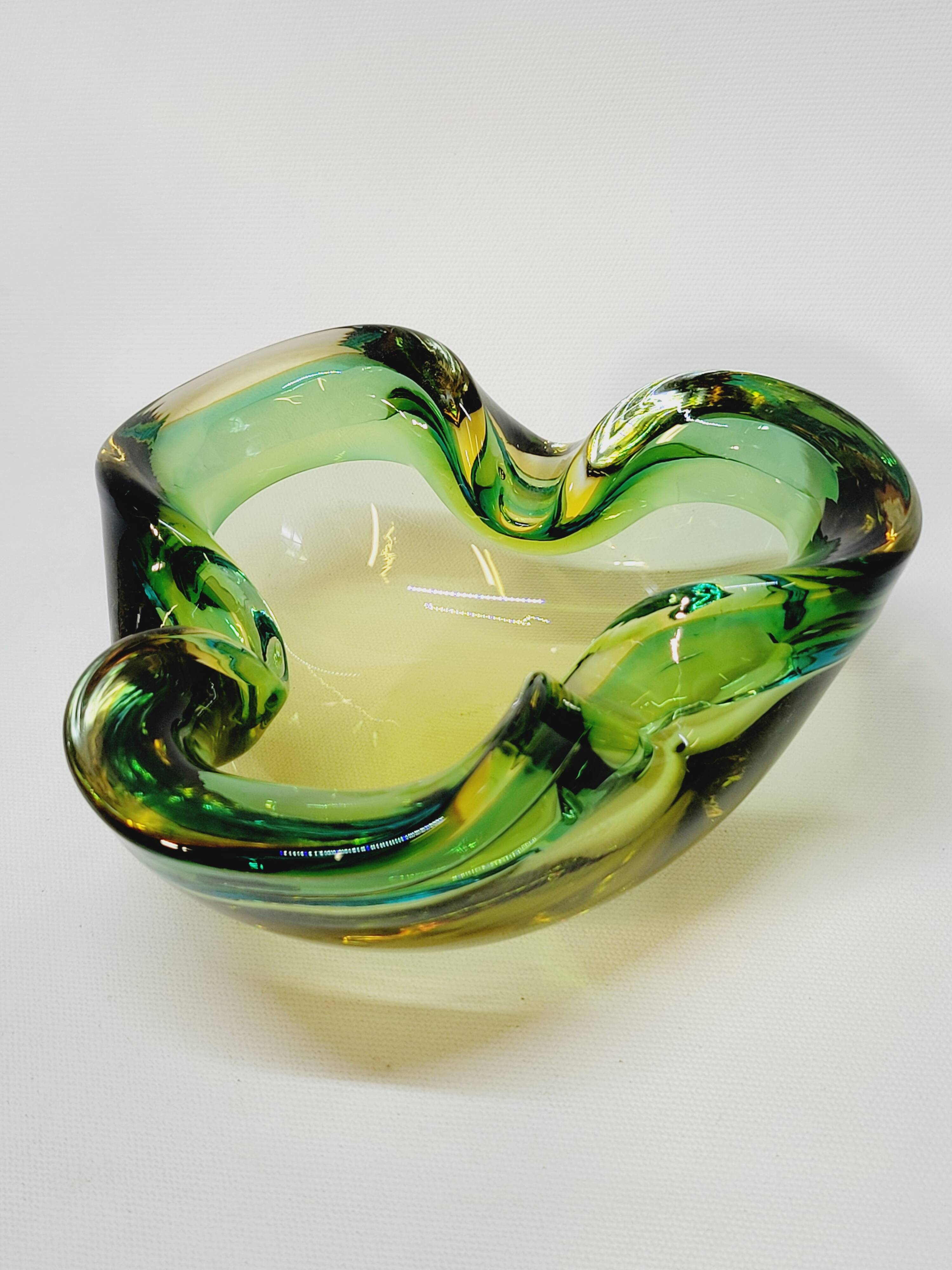 Empty Pocket Cup Ashtray Vintage Murano Glass Sommerso Green and Yellow