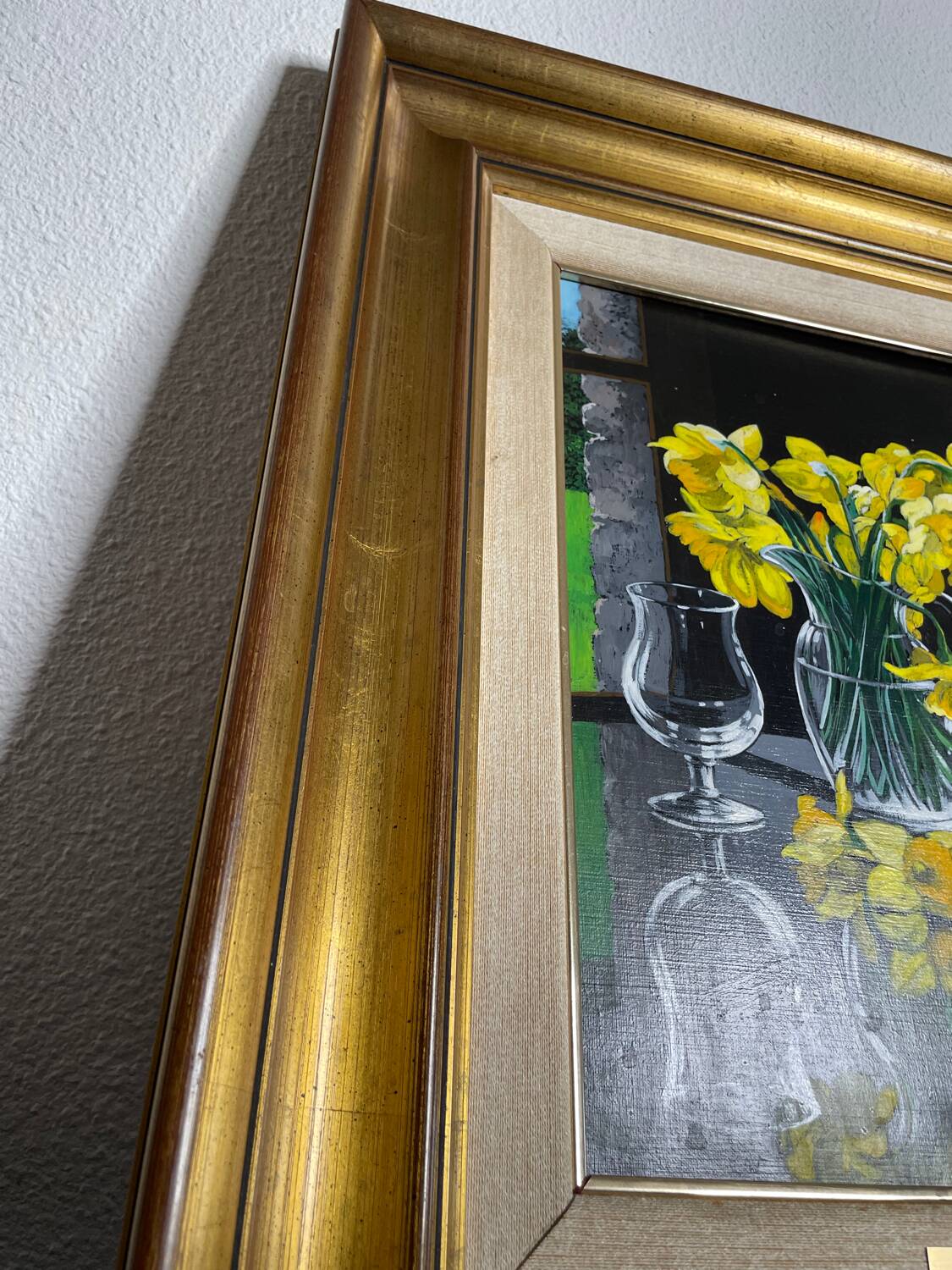Oil on canvas signed Jordi Vall Escriu Yellow narcissus and two cups