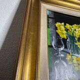 Oil on canvas signed Jordi Vall Escriu Yellow narcissus and two cups